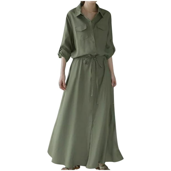 ZQUUVOU Women's Casual Loose Dress Long Sleeved Lapel Callor Casual Shirt Long Skirt Dress Olive Green