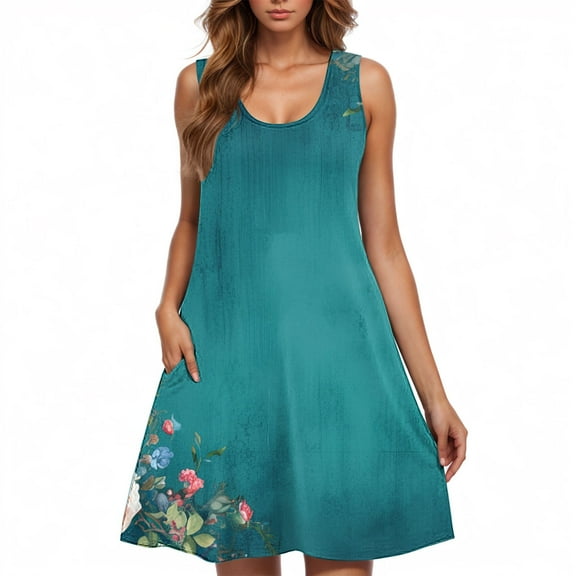 ZQUUVOU Women's Casual Loose Dress Summer Printed Dress Sleeveless V-Neck Top/Shirt Set Multicolor
