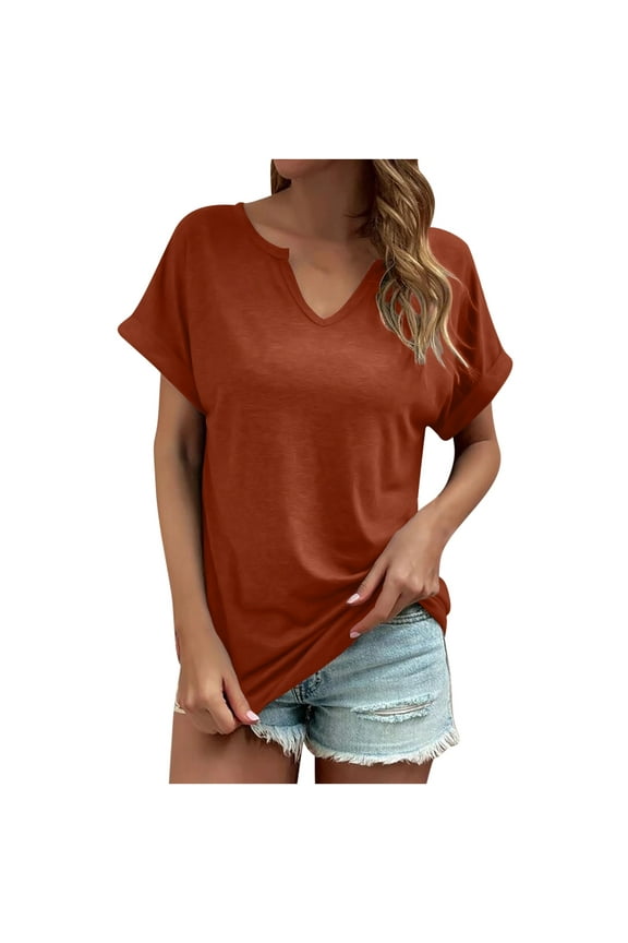 Women's Casual Loose Elegant Blouse Solid Color Plain Summer Tops Woman Dressy Short Sleeve Western Shirts Vintage V Neck Tunic Lady Work Blouses Red L
