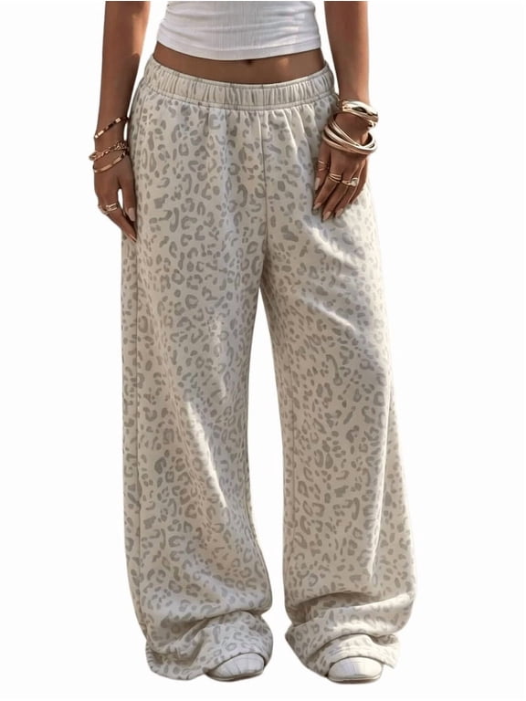 Women's Casual Loose Fashion Leopard Print Pattern Elastic Waist Wide Leg Sweatpants Light Gray Leopard M