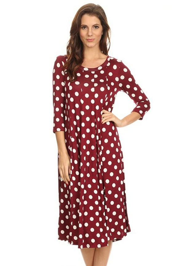 Women's Casual Loose Fit 3/4 Sleeve Jersey Knit A-Line Polka Midi Dress