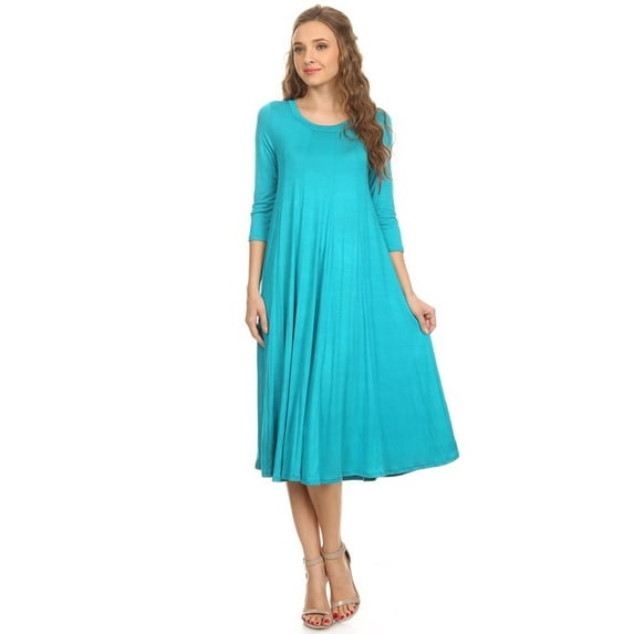 Women's Casual Loose Fit 3/4 Sleeve Jersey Knit A-Line Solid Midi Dress