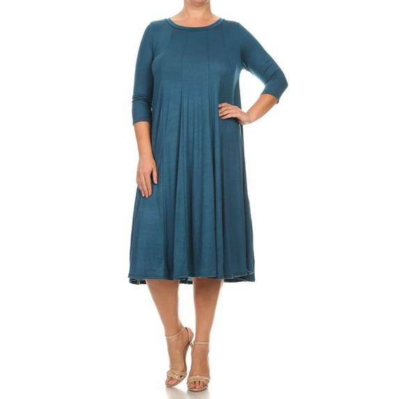 Women's Casual Loose Fit 3/4 Sleeve Jersey Knit A-Line Solid Midi Dress