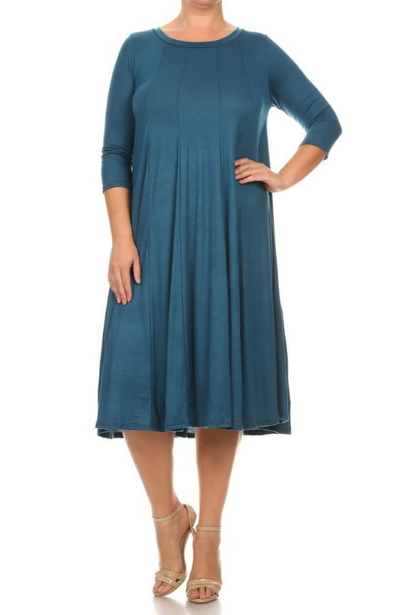 Women's Casual Loose Fit 3/4 Sleeve Jersey Knit A-Line Solid Midi Dress