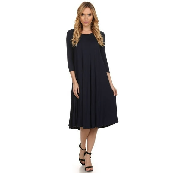 Women's Comfortable 3/4 Sleeve Midi Dress – Solid A-Line Casual Fit