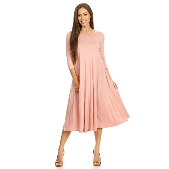 Women's Casual Loose Fit 3/4 Sleeve Jersey Knit A-Line Solid Midi Dress
