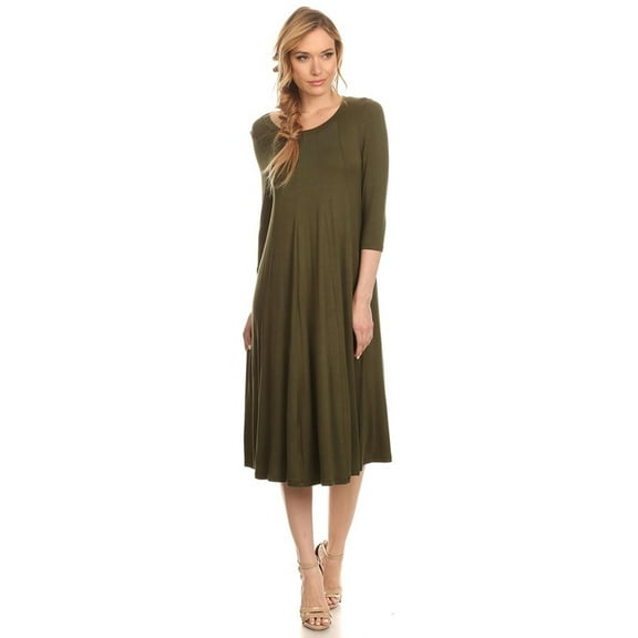 Women's Comfortable 3/4 Sleeve Midi Dress – Solid A-Line Casual Fit