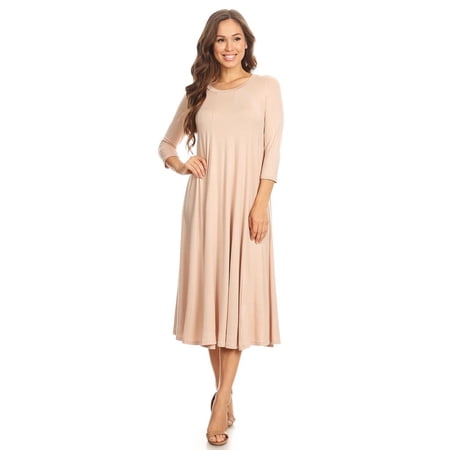 Women's Comfortable 3/4 Sleeve Midi Dress – Solid A-Line Casual Fit