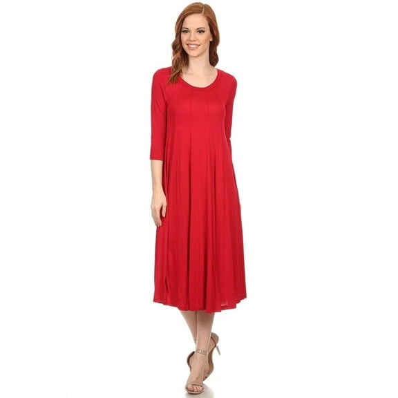 Women's Comfortable 3/4 Sleeve Midi Dress – Solid A-Line Casual Fit