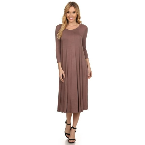 Women's Comfortable 3/4 Sleeve Midi Dress – Solid A-Line Casual Fit