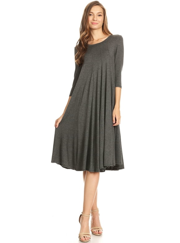 Women's Casual Loose Fit 3/4 Sleeve Jersey Knit A-Line Solid Midi Dress