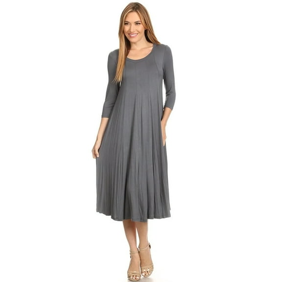 Women's Comfortable 3/4 Sleeve Midi Dress – Solid A-Line Casual Fit