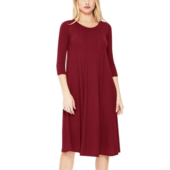Women's Casual Loose Fit 3/4 Sleeve Round Neck Jersey Knit A-Line Comfy Solid Midi Dress