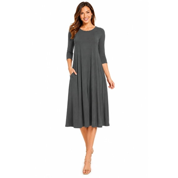 Women's Casual Loose Fit 3/4 Sleeve Round Neck Jersey Knit A-Line Comfy Solid Midi Dress