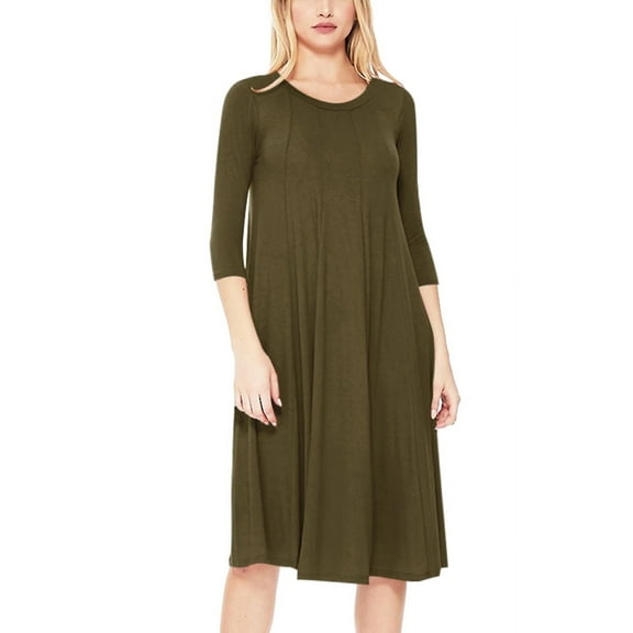 Women's Casual Loose Fit 3/4 Sleeve Round Neck Jersey Knit A-Line Comfy Solid Midi Dress