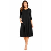 Womens Casual Loose Fit 3/4 Sleeve Round Neck Jersey Knit A-Line Comfy Solid Midi Dress