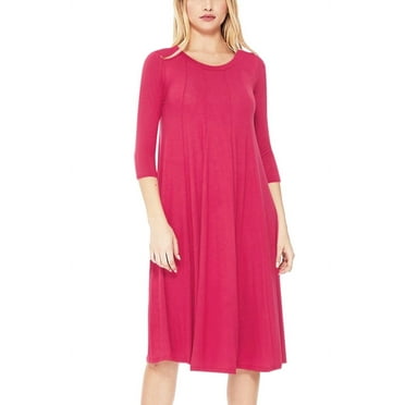 Women's Casual Loose Fit 3/4 Sleeve Round Neck Jersey Knit A-Line Comfy Solid Midi Dress