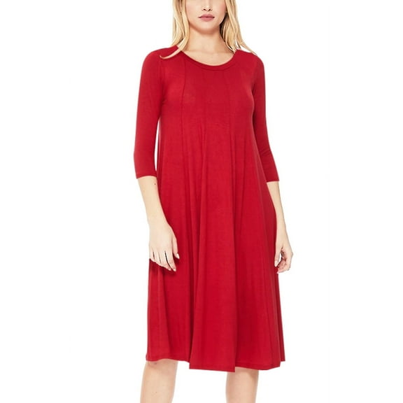 Women's Casual Loose Fit 3/4 Sleeve Round Neck Jersey Knit A-Line Comfy Solid Midi Dress