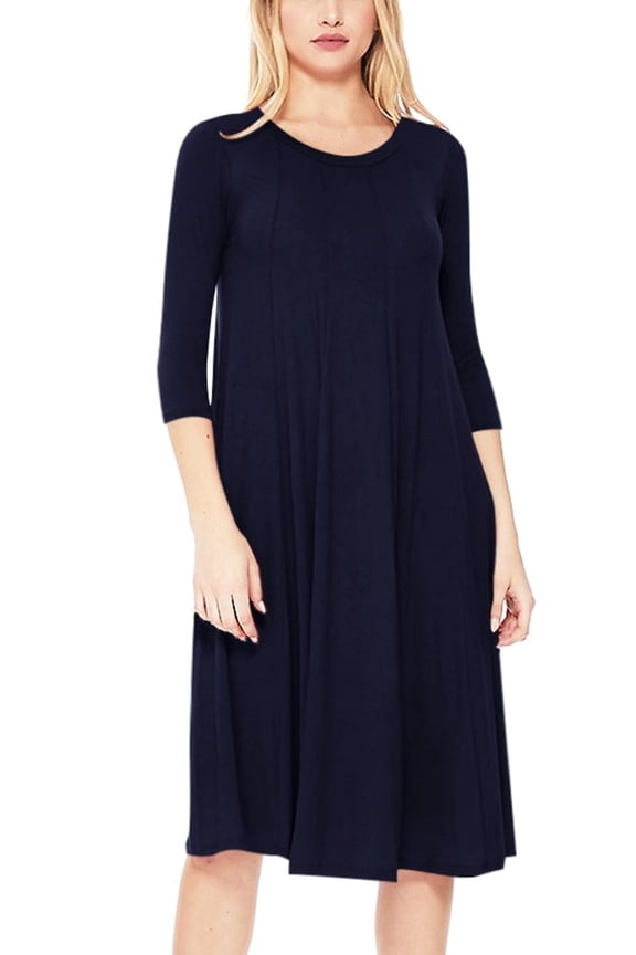 Women's Casual Loose Fit 3/4 Sleeve Round Neck Jersey Knit A-Line Comfy Solid Midi Dress