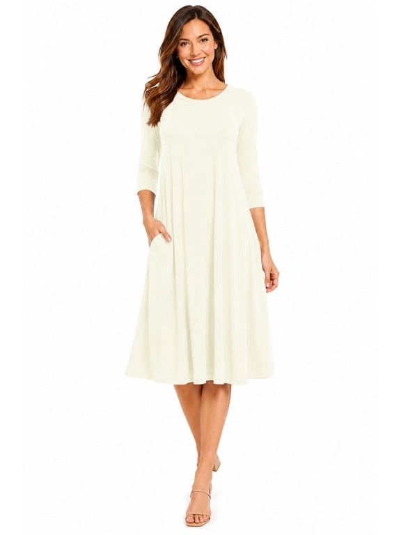 Women's Casual Loose Fit 3/4 Sleeve Round Neck Jersey Knit A-Line Comfy Solid Midi Dress