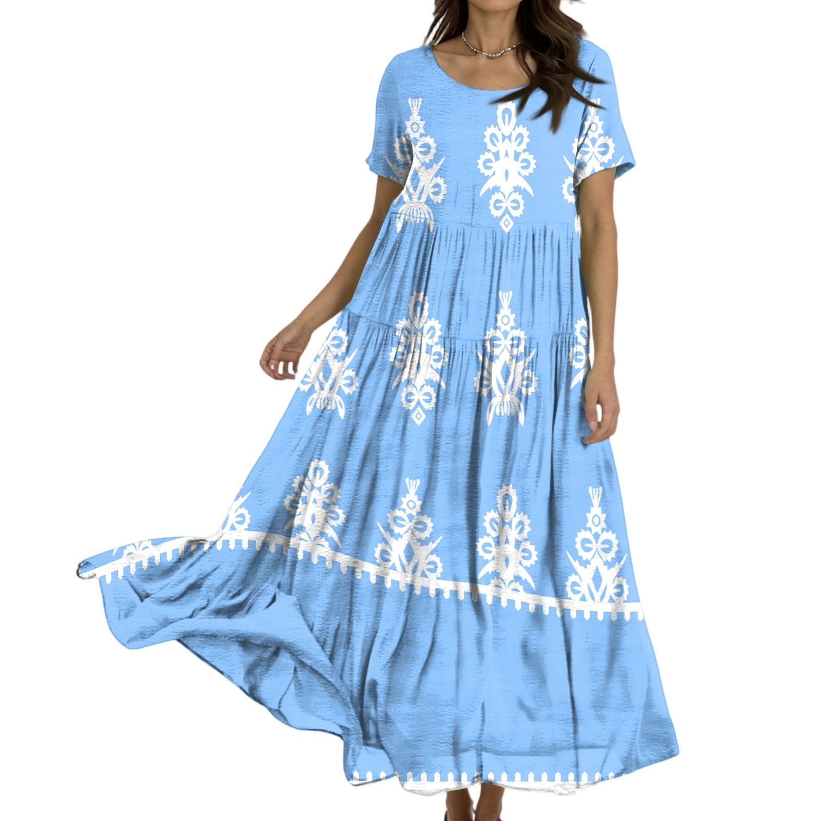 Women's Mexican Embroidered Dress - Bohemian Floral Maxi, Short Sleeve, Cotton - View #11