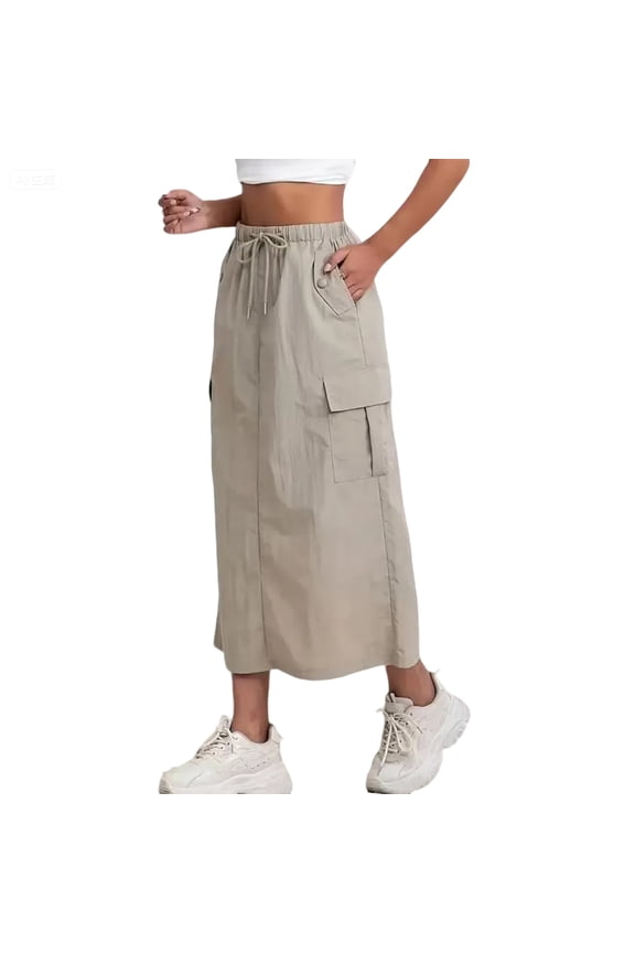 Women’s Casual Loose Fit Cargo Skirt High Waist Drawstring Elastic Waistband Long Skirt with Pockets for Daily Wear Khaki XL