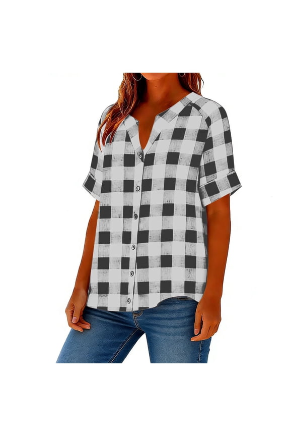 Women's Casual Loose Fit Checkered Linen Short Sleeve Button-Up Shirt