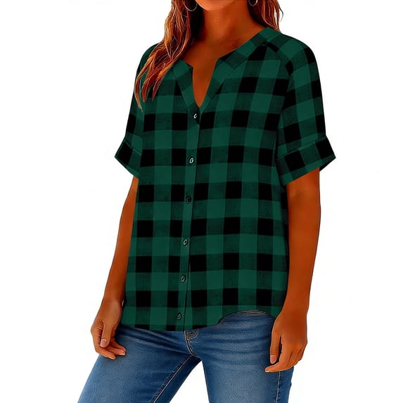 Women's Casual Loose Fit Checkered Linen Short Sleeve Button-Up Shirt