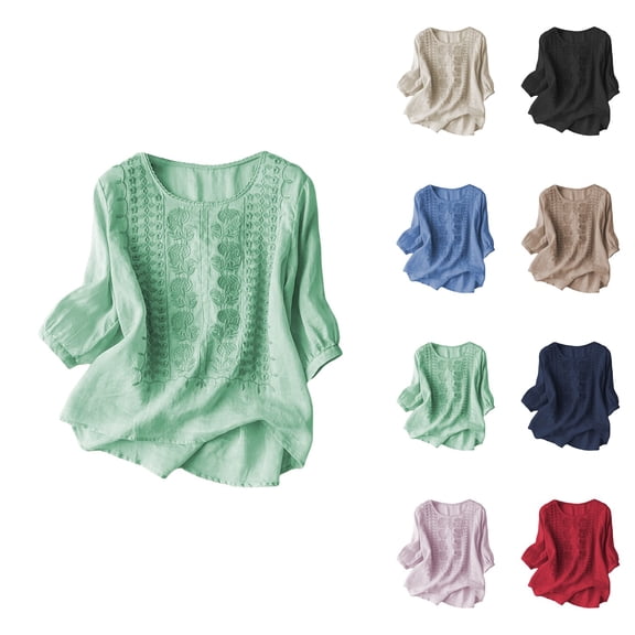 Women's Casual Loose Fit Embroidered Linen Top, Short Sleeve Floral Blouse & T-Shirt for Spring Summer Daily Wear