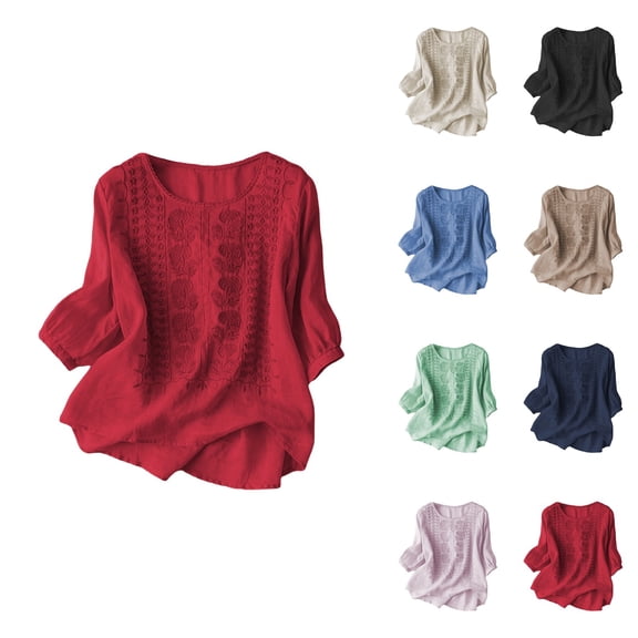 Women's Casual Loose Fit Embroidered Linen Top, Short Sleeve Floral Blouse & T-Shirt for Spring Summer Daily Wear