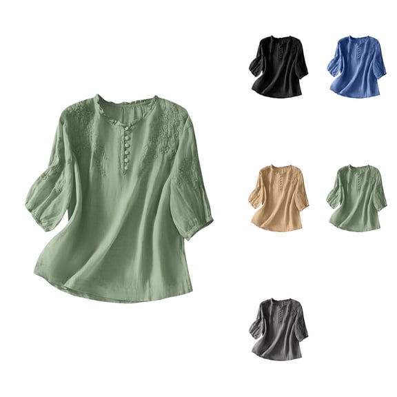 Women's Casual Loose Fit Embroidered Short Sleeve Linen Blouse, Round Neck Button Down Top for Spring Summer Fall Fashion, Boho Style 3/4 Sleeve V Neck Cotton Linen Peasant Shirt