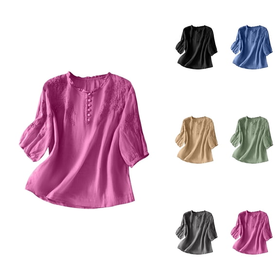 Women's Casual Loose Fit Embroidered Short Sleeve Linen Blouse, Round Neck Button Down Top for Spring Summer Fall Fashion, Boho Style 3/4 Sleeve V Neck Cotton Linen Peasant Shirt