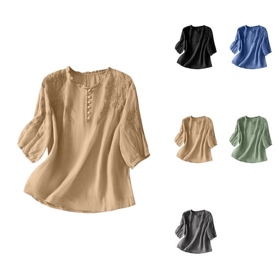 Women's Casual Loose Fit Embroidered Short Sleeve Linen Blouse, Round Neck Button Down Top for Spring Summer Fall Fashion, Boho Style 3/4 Sleeve V Neck Cotton Linen Peasant Shirt