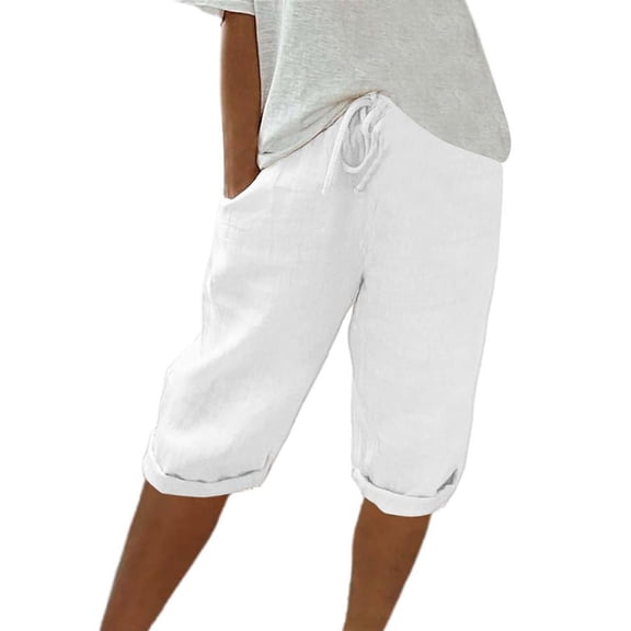 Women's Casual Loose Fit Linen Bermuda Shorts with Drawstring Waist and Pockets, Lightweight Summer Knee-Length Pants