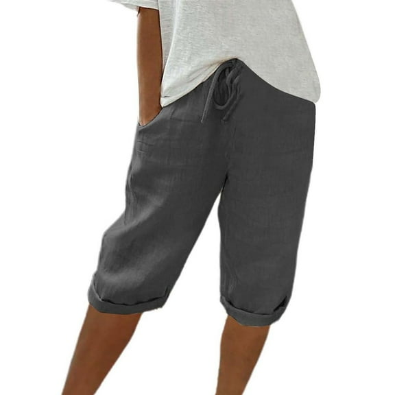 Women's Casual Loose Fit Linen Bermuda Shorts with Drawstring Waist and Pockets, Lightweight Summer Knee-Length Pants