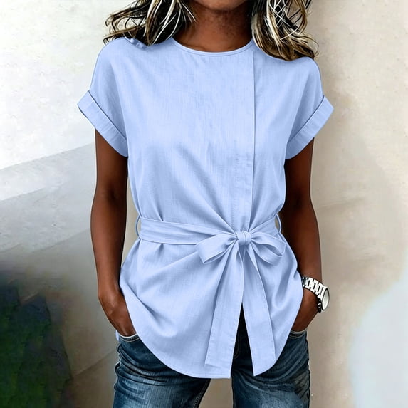 Women's Casual Loose Fit Linen Short Sleeve Round Neck Summer Top