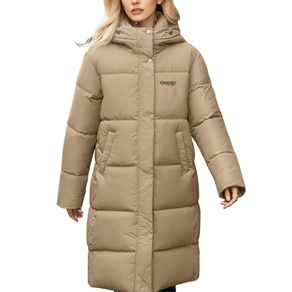 Women's Casual Loose Fit Long Down Coat, Thick Winter Jacket with Hood and Long Sleeves in a Solid Color for Warmth