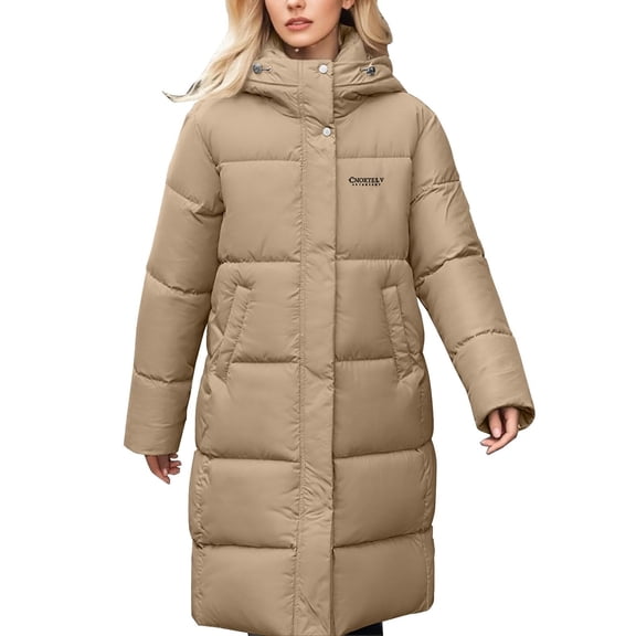 Women's Casual Loose Fit Long Down Coat, Thick Winter Jacket with Hood and Long Sleeves in a Solid Color for Warmth
