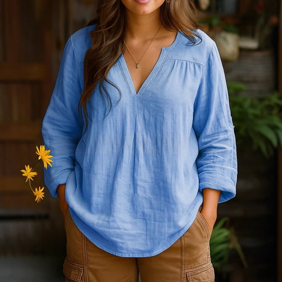 Women's Casual Loose Fit Long Sleeve Cotton Linen Blend Shirt Retro V-Neck Pullover Top Breathable Comfort Versatile Styling Blue L