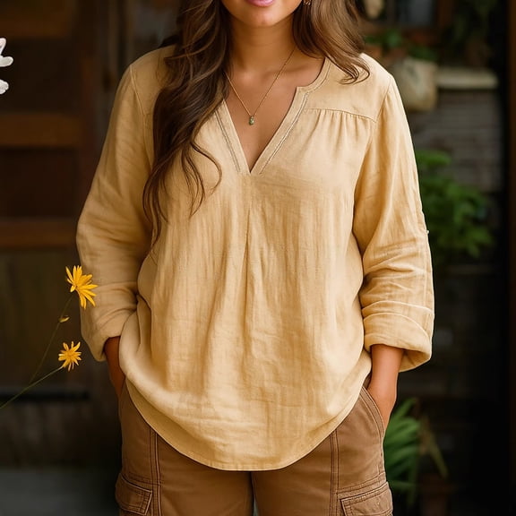 Women's Casual Loose Fit Long Sleeve Cotton Linen Blend Shirt Retro V-Neck Pullover Top Breathable Comfort Versatile Styling Orange XL