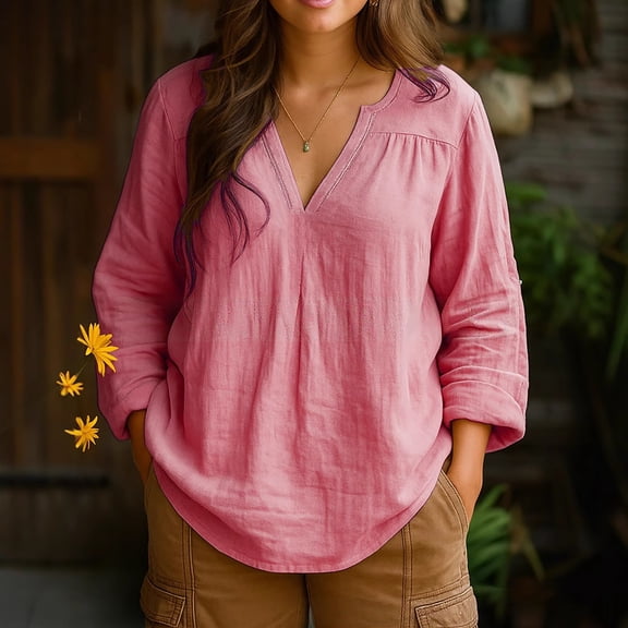 Women's Casual Loose Fit Long Sleeve Cotton Linen Blend Shirt Retro V-Neck Pullover Top Breathable Comfort Versatile Styling Pink S