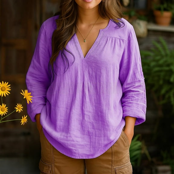 Women's Casual Loose Fit Long Sleeve Cotton Linen Blend Shirt Retro V-Neck Pullover Top Breathable Comfort Versatile Styling Purple XL