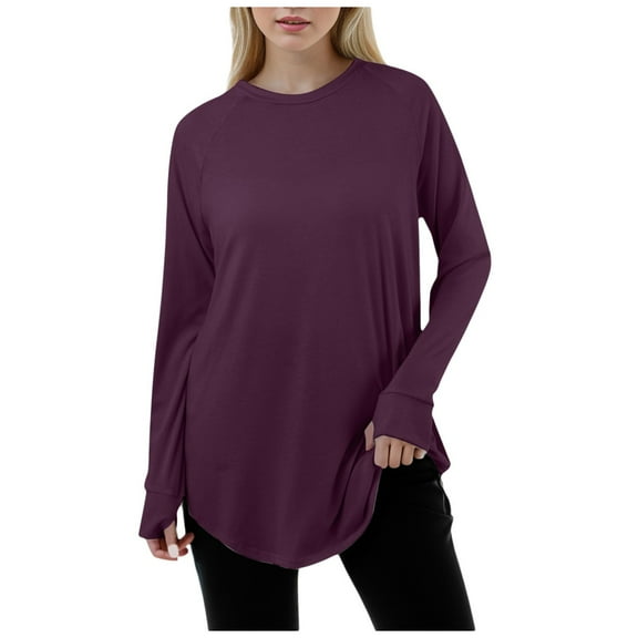 Women's Casual Loose Fit Long Sleeve Round Neck Thumb Hole T-Shirt Comfortable Solid Color Pullover Top for Everyday Wear