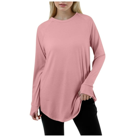 Women's Casual Loose Fit Long Sleeve Round Neck Thumb Hole T-Shirt Soft Comfortable Solid Color Pullover Top for Everyday Wear