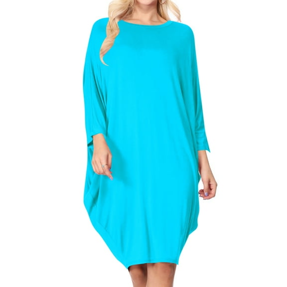 Women's Casual Loose Fit Long Sleeves Dolman Style Solid Midi Dress Made in USA