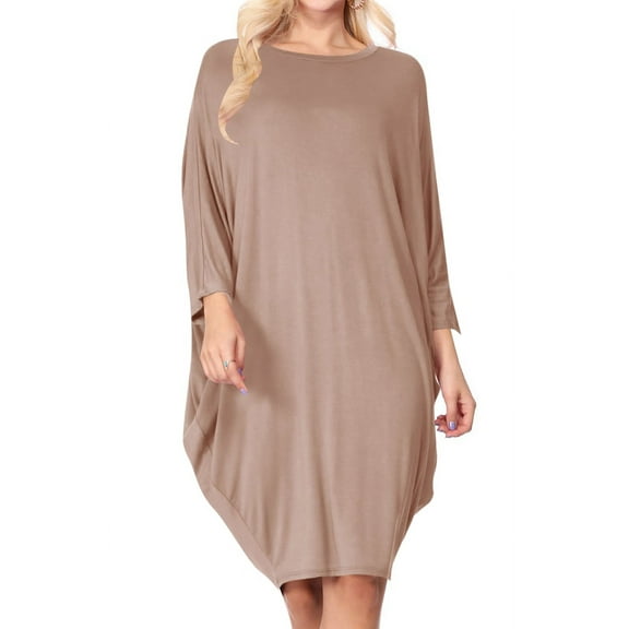 Women's Casual Loose Fit Long Sleeves Dolman Style Solid Midi Dress