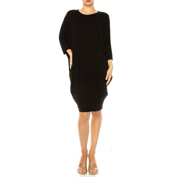 Women's Casual Loose Fit Long Sleeves Dolman Style Solid Midi Dress