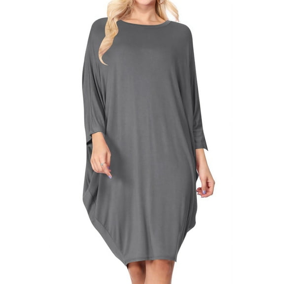 Moa Collection Women's Casual Loose Fit Long Sleeves Dolman Style Solid Midi Dress