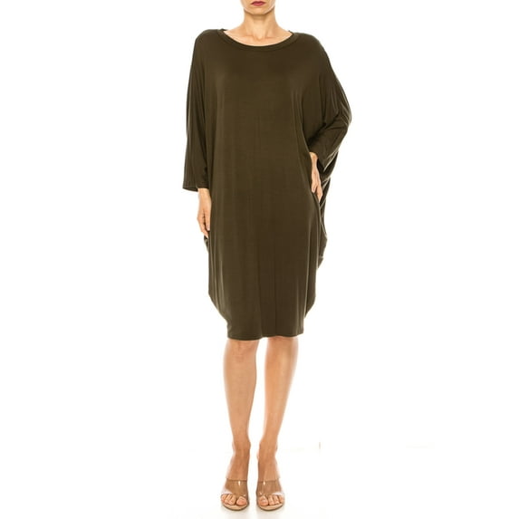 Women's Casual Loose Fit Long Sleeves Dolman Style Solid Midi Dress