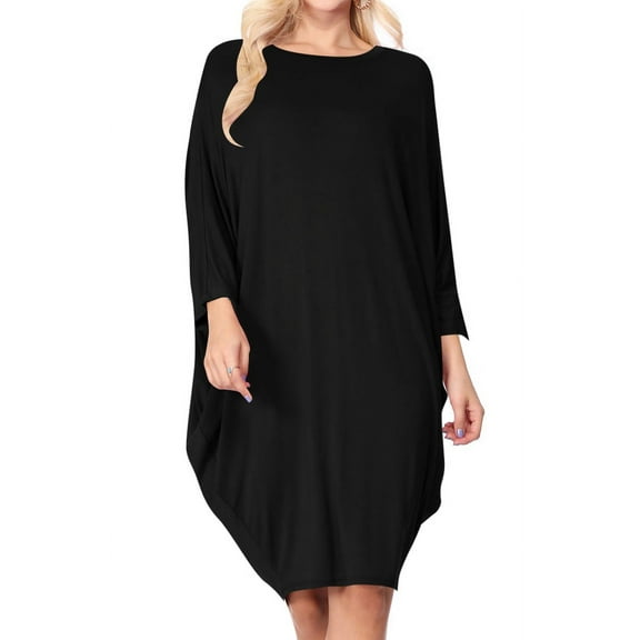 Women's Casual Loose Fit Long Sleeves Dolman Style Solid Midi Dress